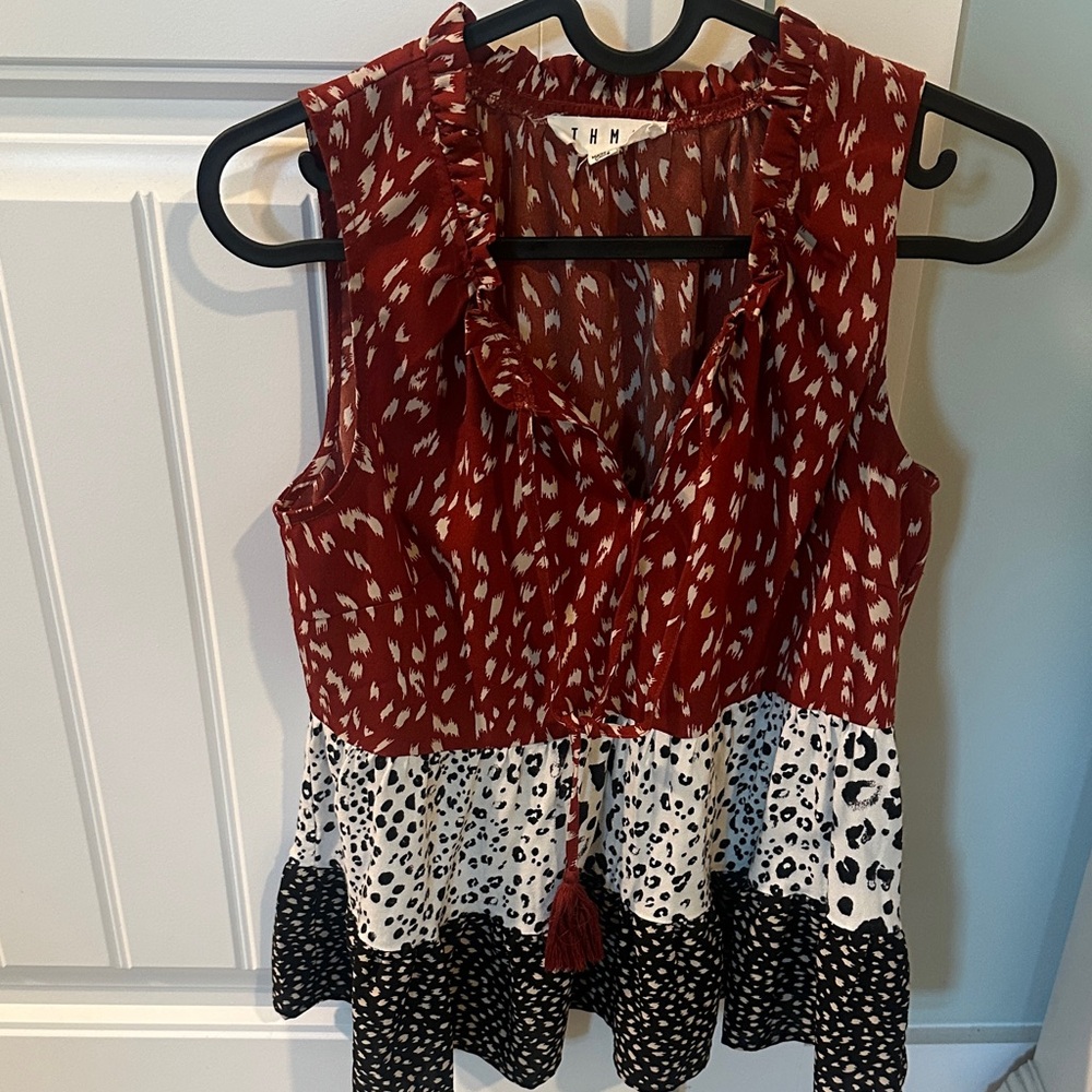 THML Red White and Black Tiered Ruffle Tie-Front Camisole